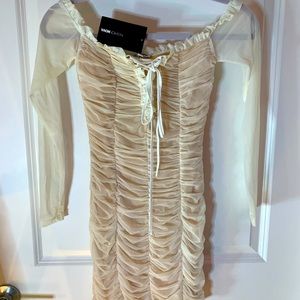 Ruched cream off shoulder dress - FashionNova size small